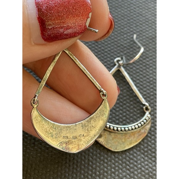 925 Sterling Silver Hammered Crescent Hoop Dangle Drop Earrings Vintage - Picture 3 of 5